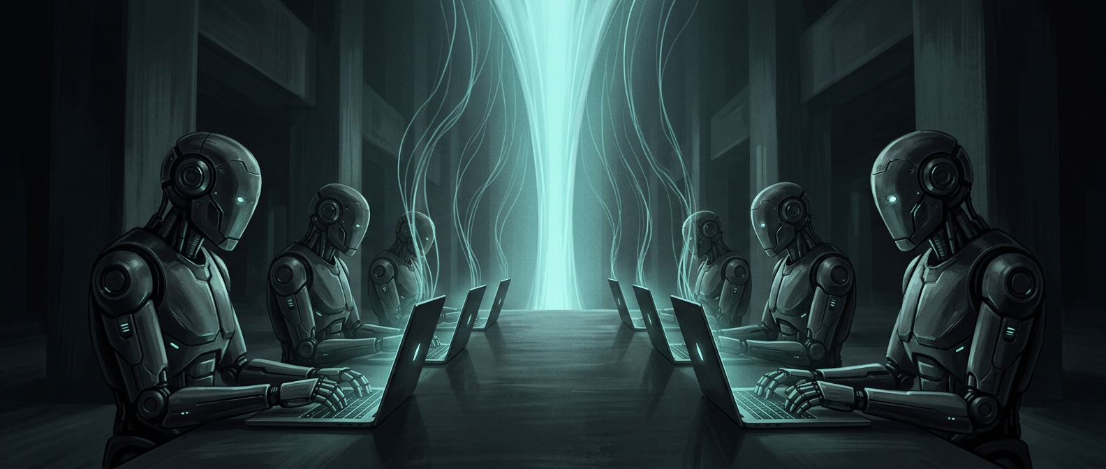 Illustration: robotic agents seated across a long desk, each at a laptop, with threads of light rising toward a funnel