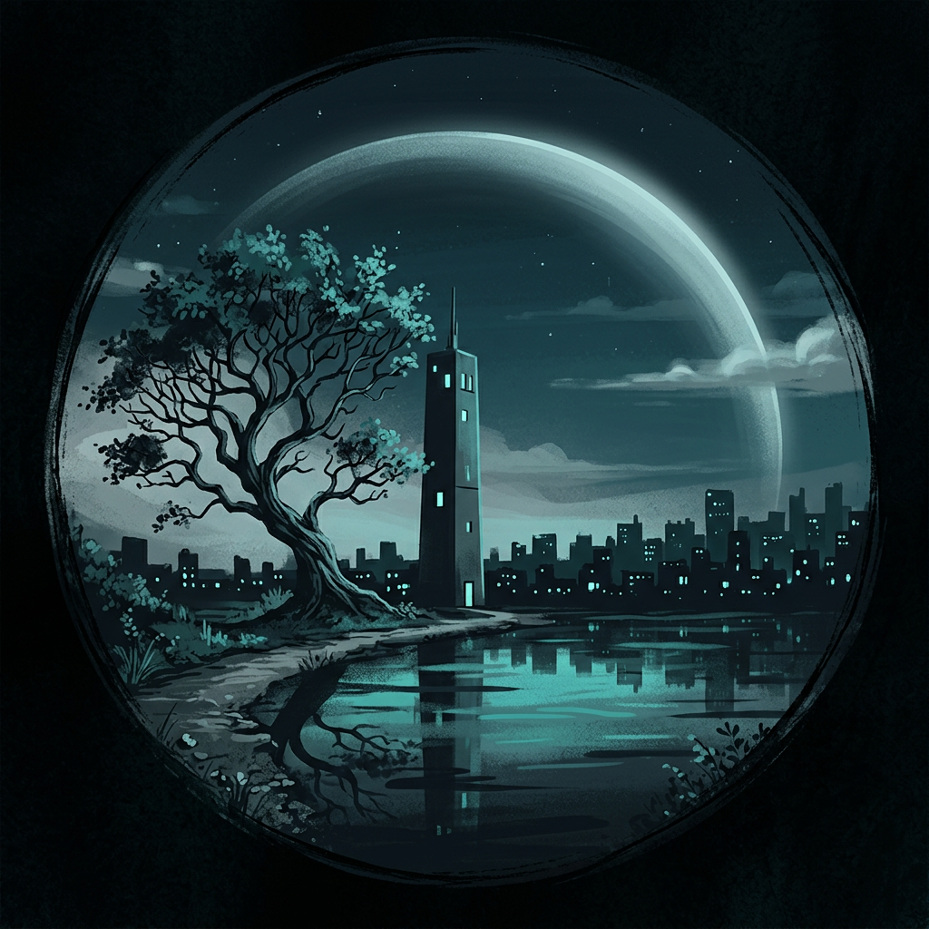 Illustration: a lone tree beside a tall tower and a lit skyline, seen through a circular frame