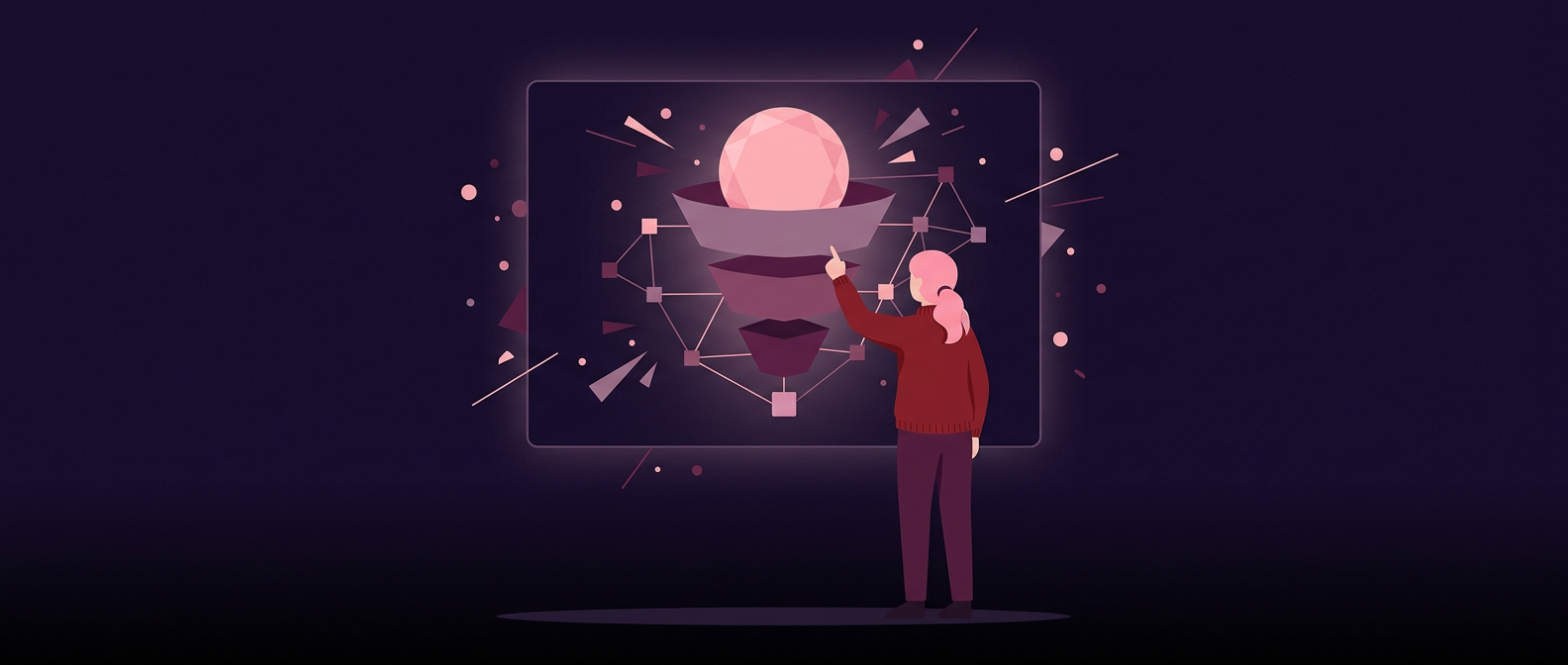 Illustration: a person pointing at a glowing sphere that sits on a layered funnel inside a frame