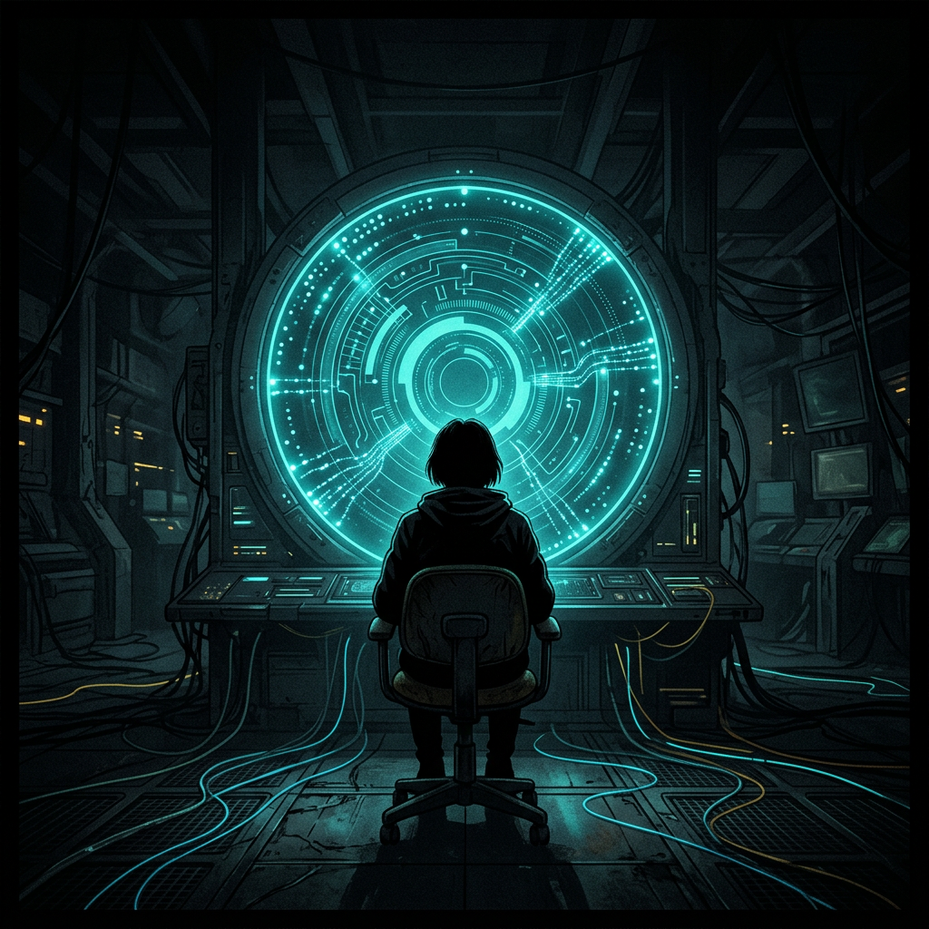 Illustration: a person seen from behind, seated at a console in front of a large glowing circular display
